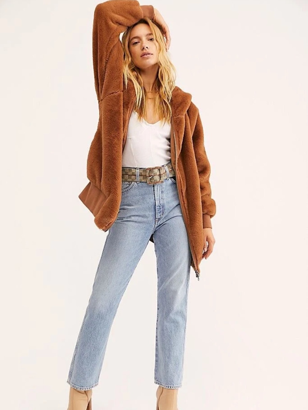 Free People Turn Up Zip Off Faux Fur Teddy Hoodie